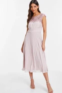 Quiz Wedding Guest Dresses|Pink Dresses>Pink Chiffon Embellished Pleated Midi Dress