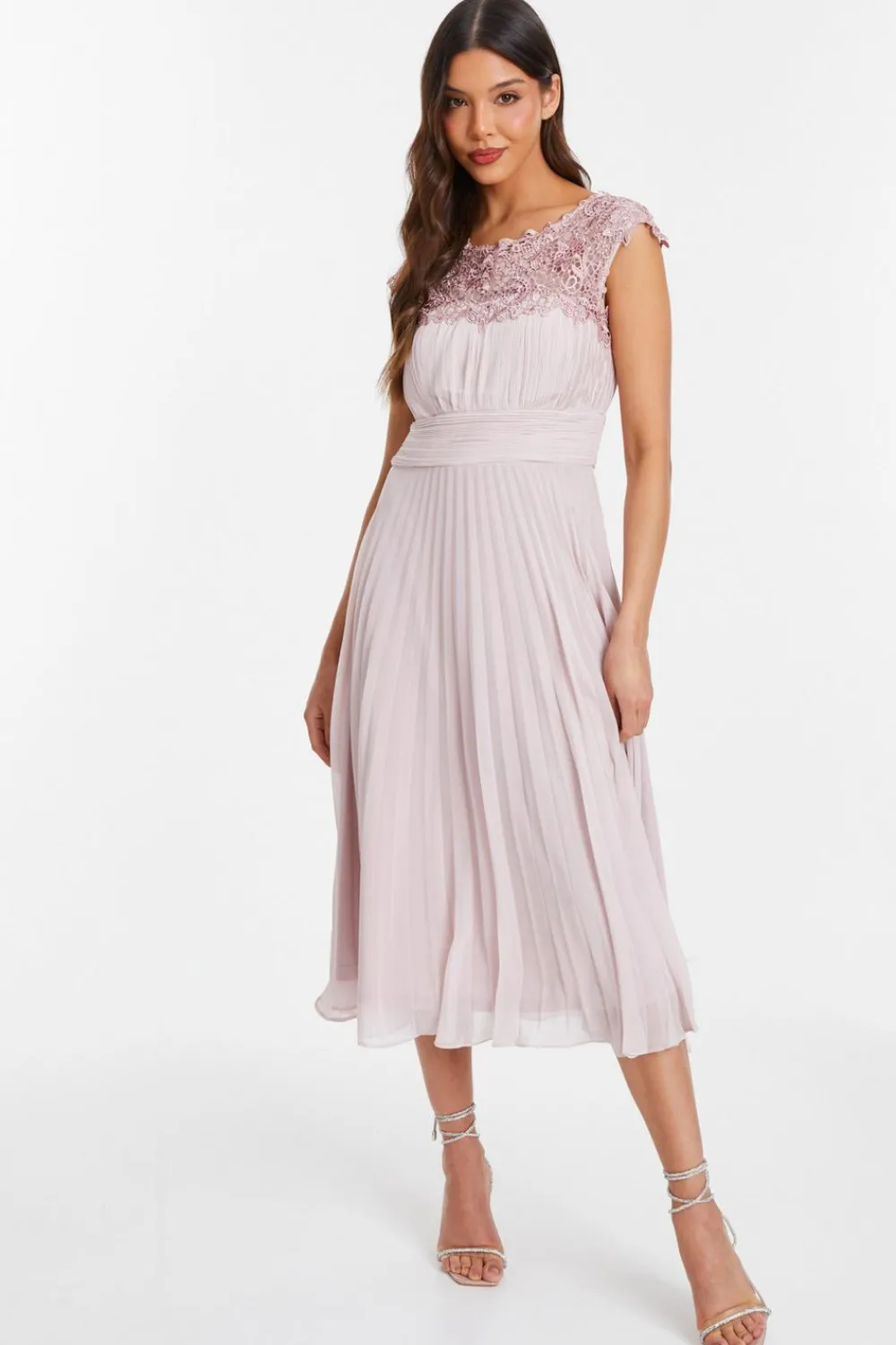 Quiz Wedding Guest Dresses|Pink Dresses>Pink Chiffon Embellished Pleated Midi Dress