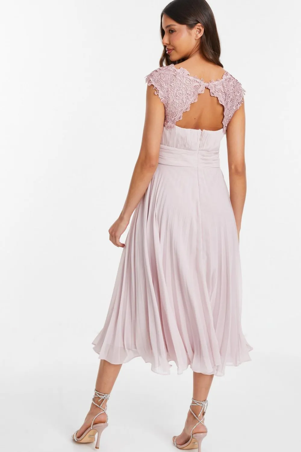 Quiz Wedding Guest Dresses|Pink Dresses>Pink Chiffon Embellished Pleated Midi Dress