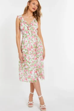 Quiz Holiday|Wrap Dresses>Pink Chiffon Floral Ruffle Wrap Midi Dress