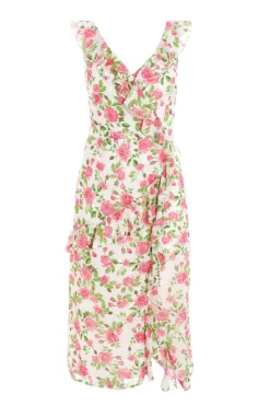 Quiz Holiday|Wrap Dresses>Pink Chiffon Floral Ruffle Wrap Midi Dress