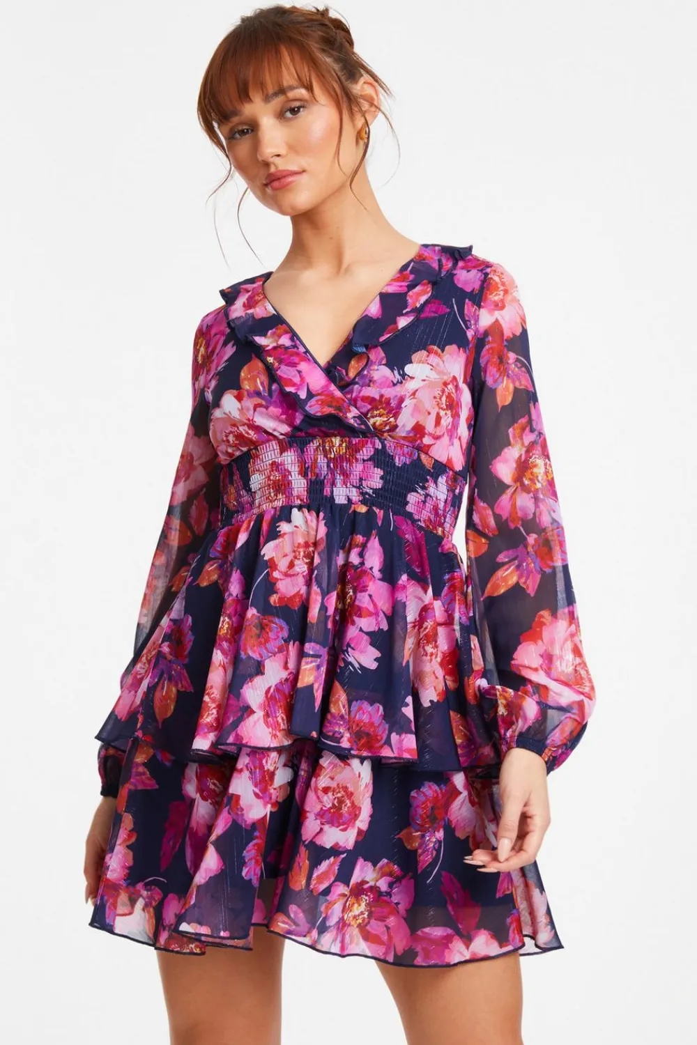 Quiz Mini Dresses|Floral Dresses>Pink Chiffon Floral Tiered Skater Mini Dress