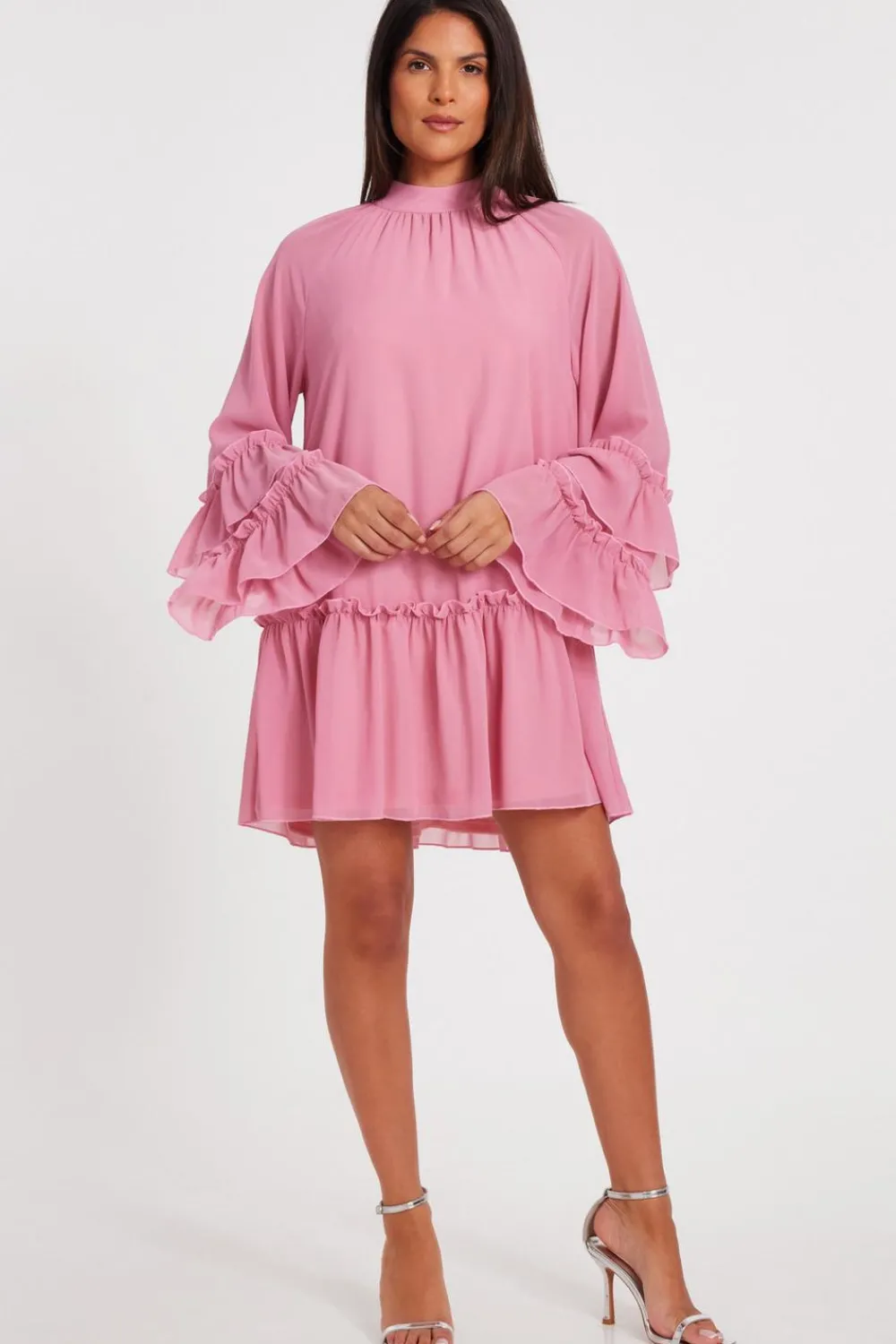 Quiz Day At The Races|Christening Guest>Pink Chiffon Frill Mini Dress