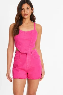 Quiz Summer Tops|Going Out Tops>Pink Denim Diamante Corset Top