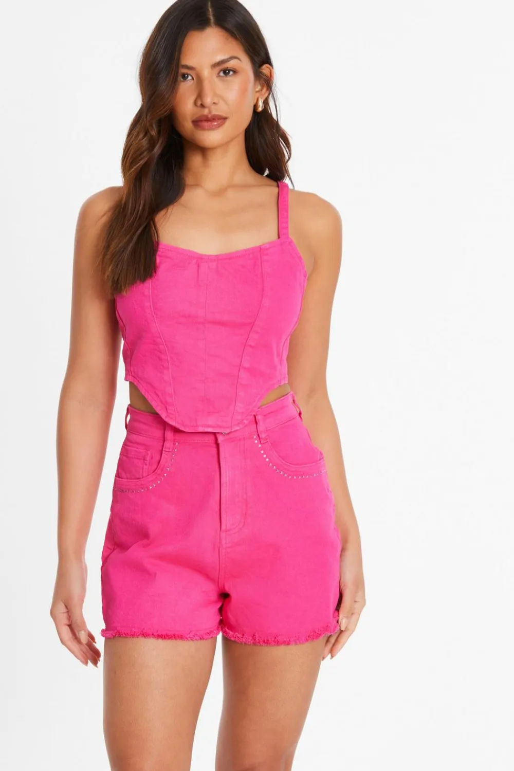 Quiz Summer Tops|Going Out Tops>Pink Denim Diamante Corset Top