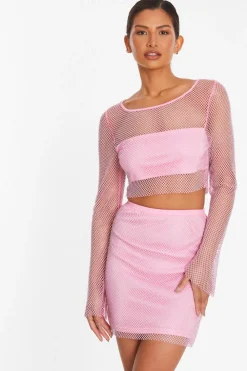 Quiz Summer Clothes|Holiday>Pink Diamante Mesh Mini Skirt