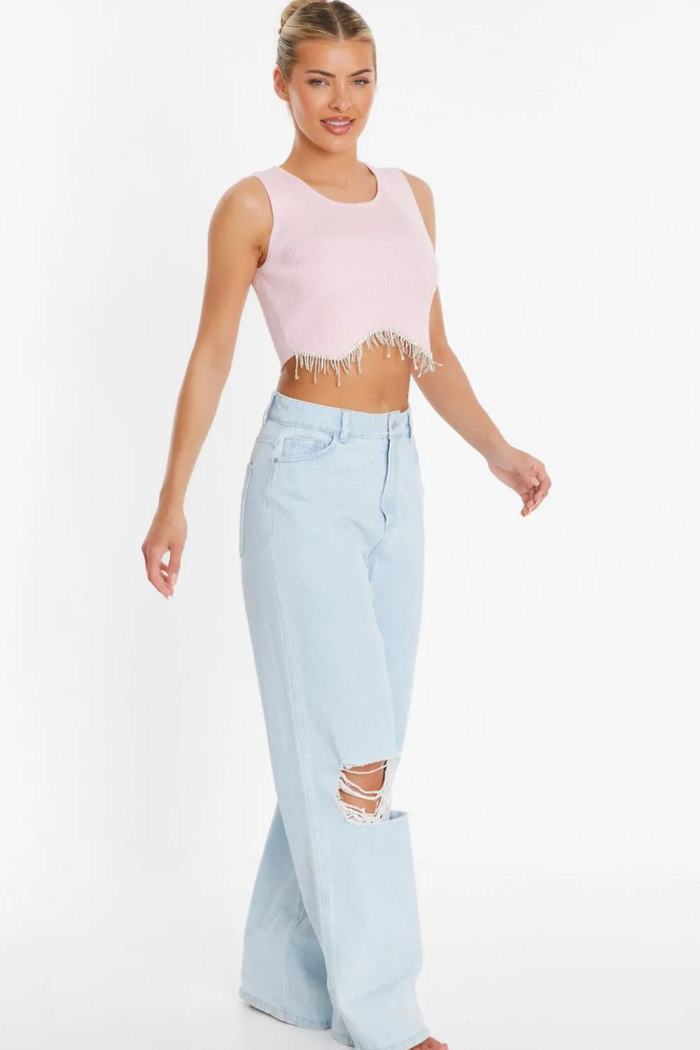 Quiz Going Out Tops|Crop Tops>Pink Diamante Trim Crop Top