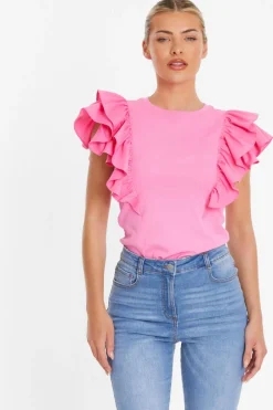Quiz T-Shirts|Summer Tops>Pink Double Frill Sleeve Top