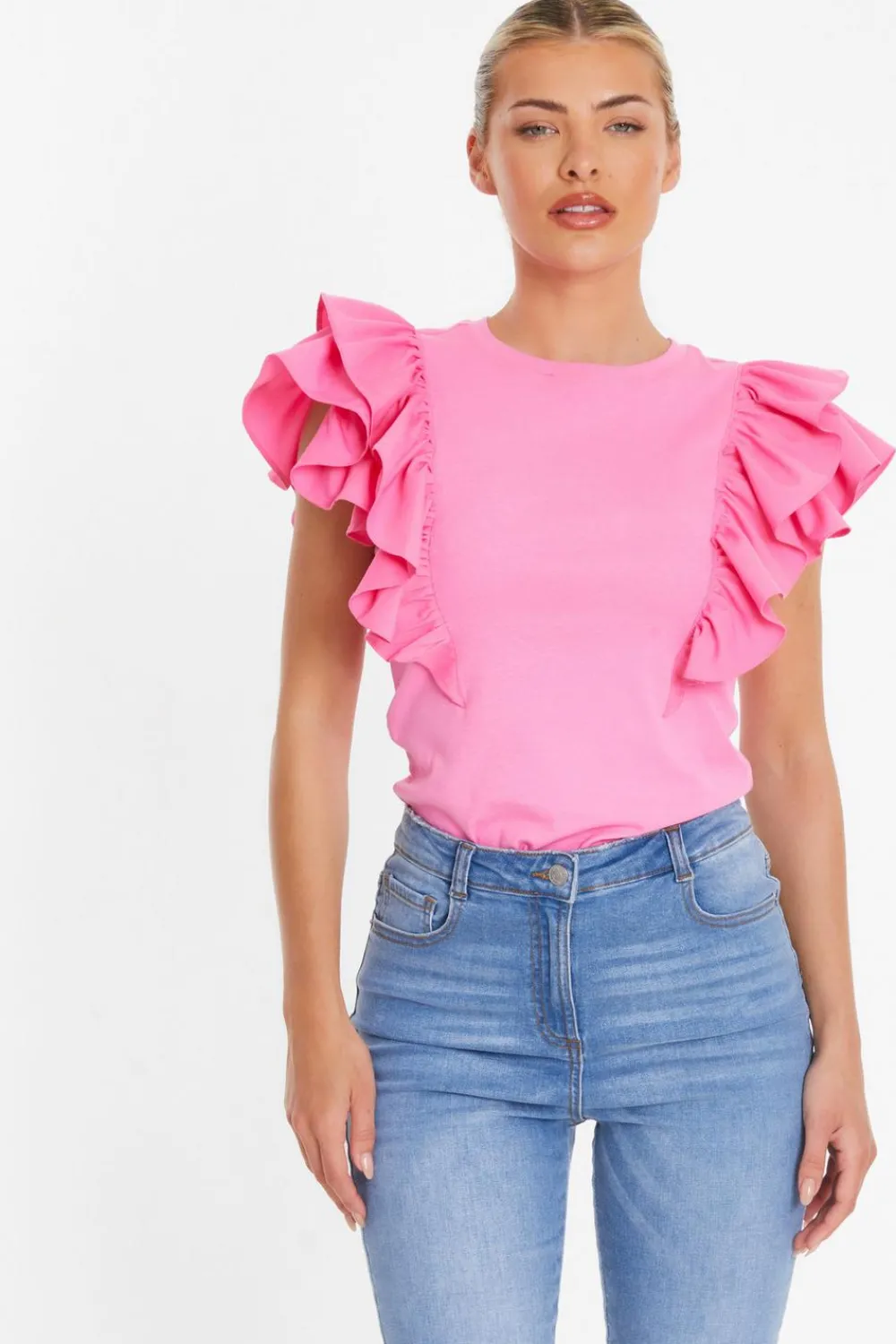 Quiz T-Shirts|Summer Tops>Pink Double Frill Sleeve Top