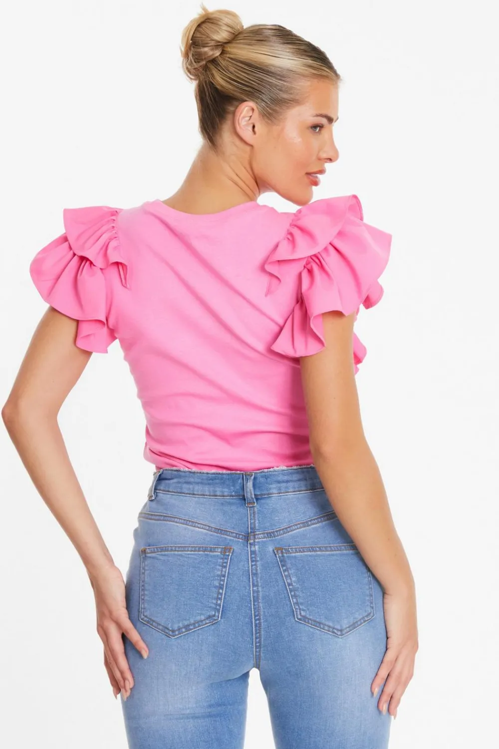 Quiz T-Shirts|Summer Tops>Pink Double Frill Sleeve Top