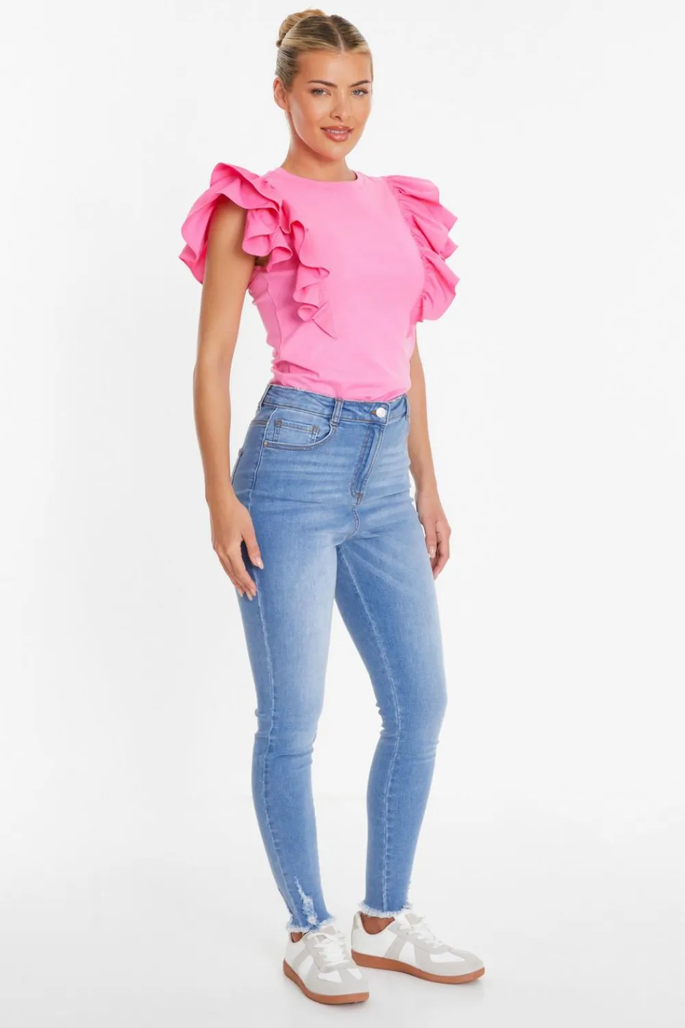 Quiz T-Shirts|Summer Tops>Pink Double Frill Sleeve Top