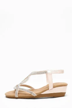 Quiz Wedges|Sandals>Pink Embellished T-Strap Low Wedges