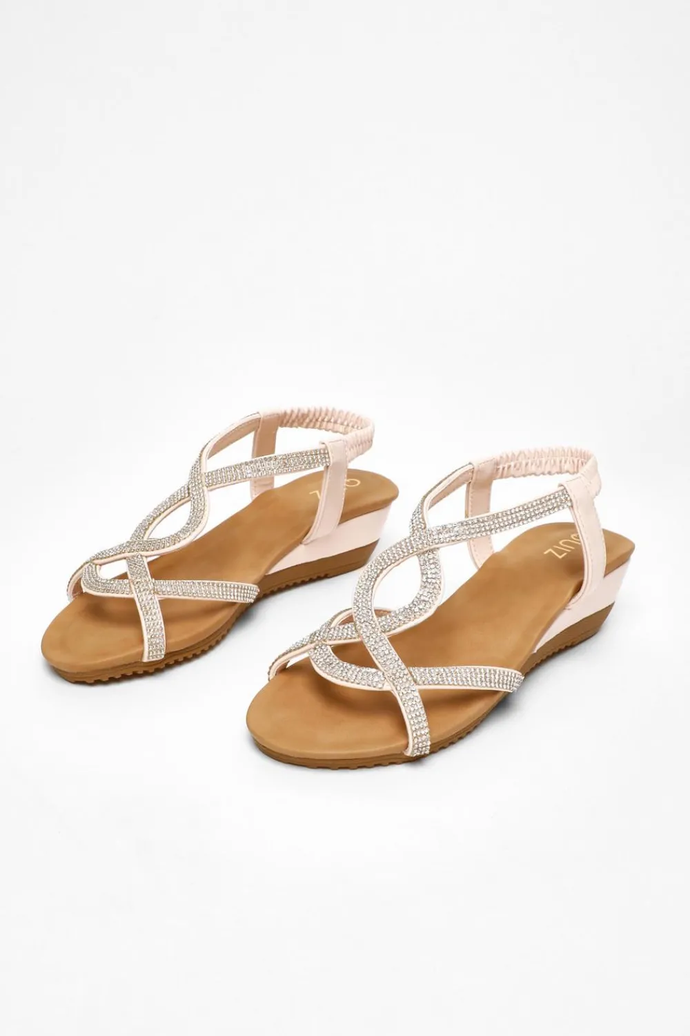 Quiz Wedges|Sandals>Pink Embellished T-Strap Low Wedges