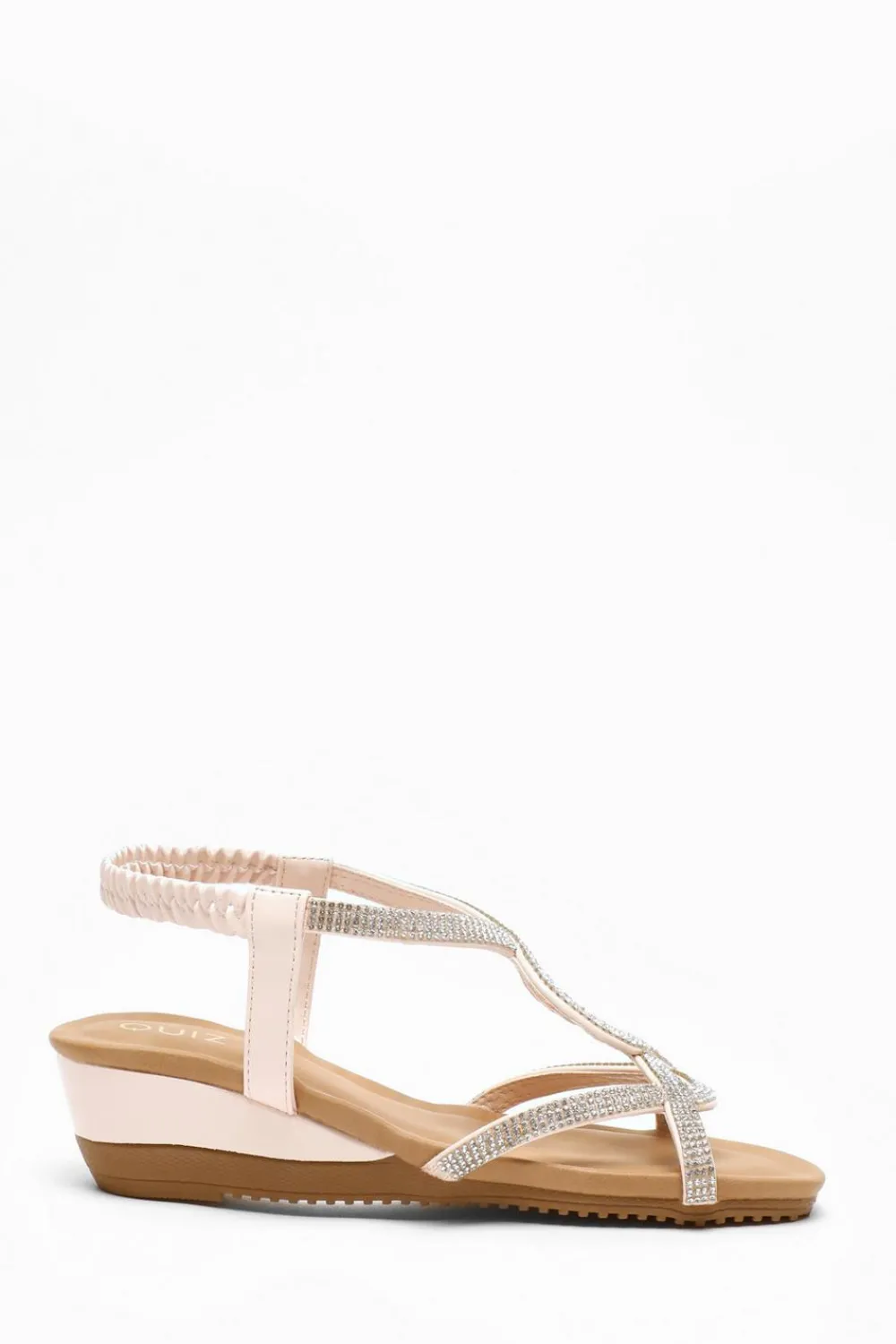 Quiz Wedges|Sandals>Pink Embellished T-Strap Low Wedges