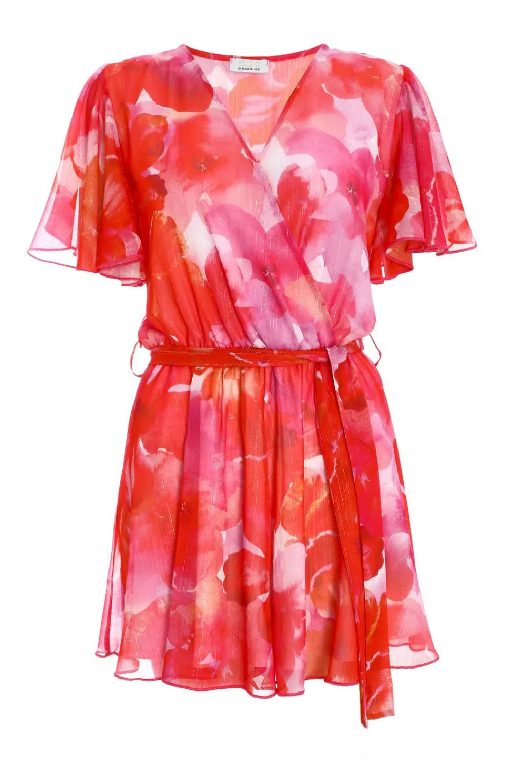 Quiz Playsuits|Summer Clothes>Pink Floral Metallic Wrap Playsuit