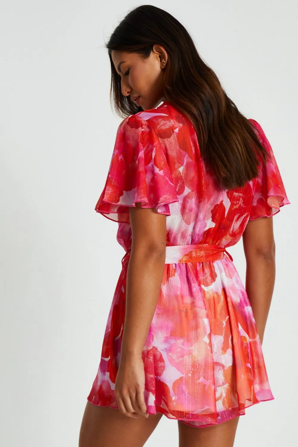 Quiz Playsuits|Summer Clothes>Pink Floral Metallic Wrap Playsuit
