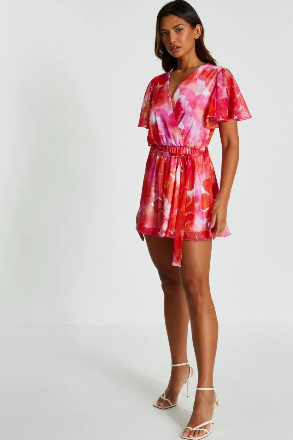 Quiz Playsuits|Summer Clothes>Pink Floral Metallic Wrap Playsuit