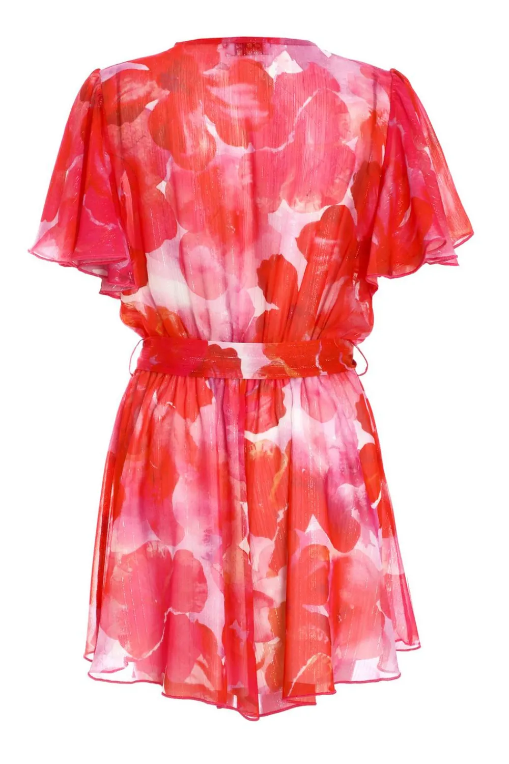 Quiz Playsuits|Summer Clothes>Pink Floral Metallic Wrap Playsuit