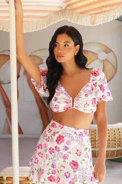 Quiz Summer Tops|Crop Tops>Pink Floral Puff Sleeve Crop Top