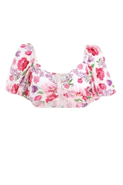Quiz Summer Tops|Crop Tops>Pink Floral Puff Sleeve Crop Top