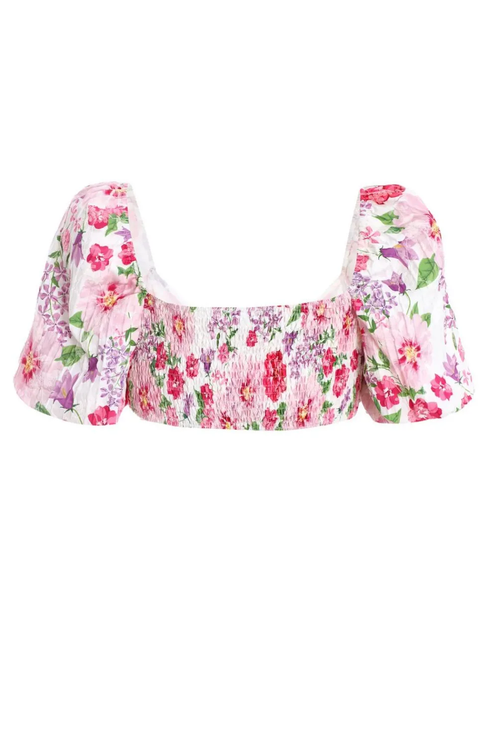 Quiz Summer Tops|Crop Tops>Pink Floral Puff Sleeve Crop Top