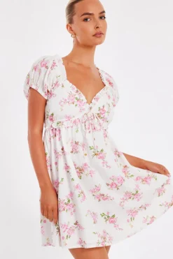 Quiz Summer Clothes|Holiday>Pink Floral Puff Sleeve Mini Dress