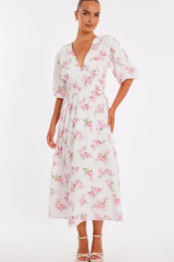 Quiz Summer Clothes|Holiday>Pink Floral V-Neck Midi Dress