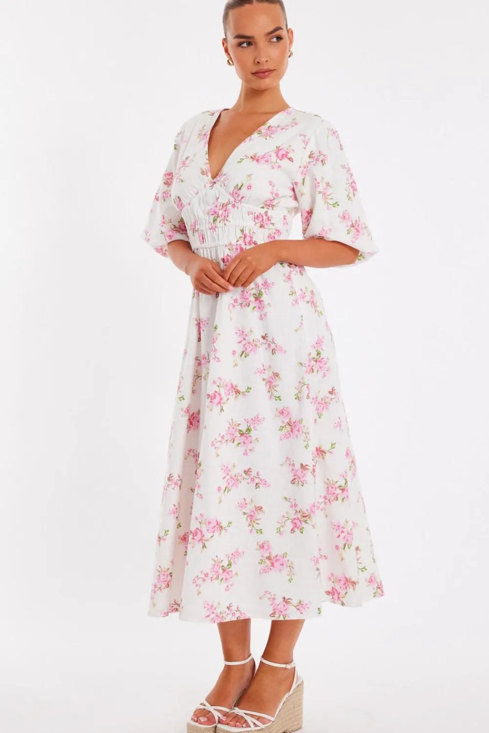 Quiz Summer Clothes|Holiday>Pink Floral V-Neck Midi Dress