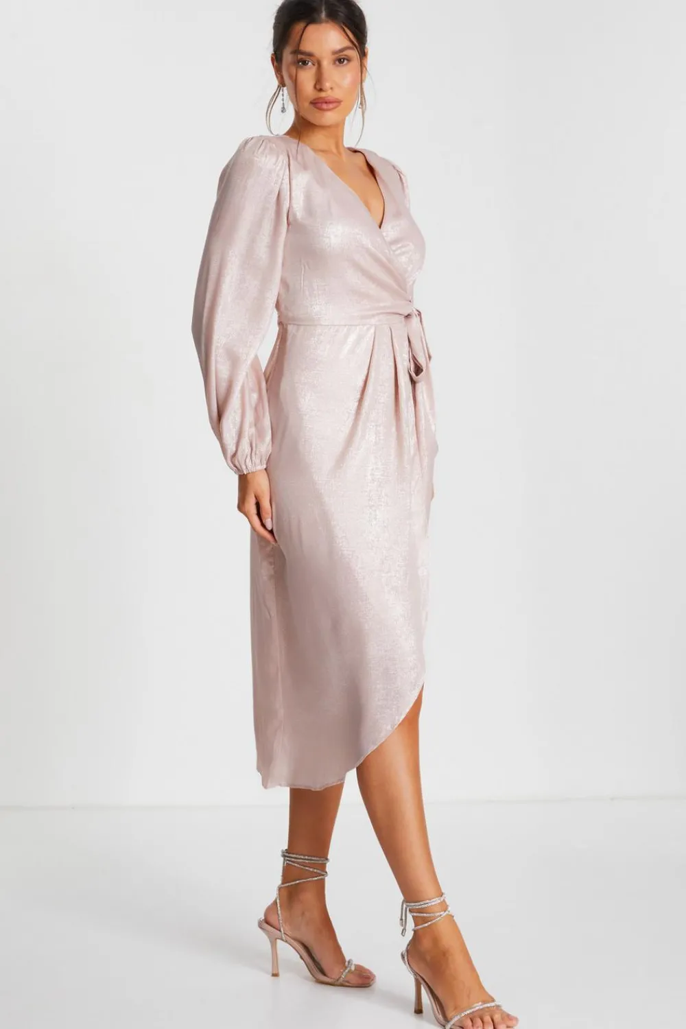 Quiz Evening Dresses|Christening Guest>Pink Foil Wrap Midi Dress