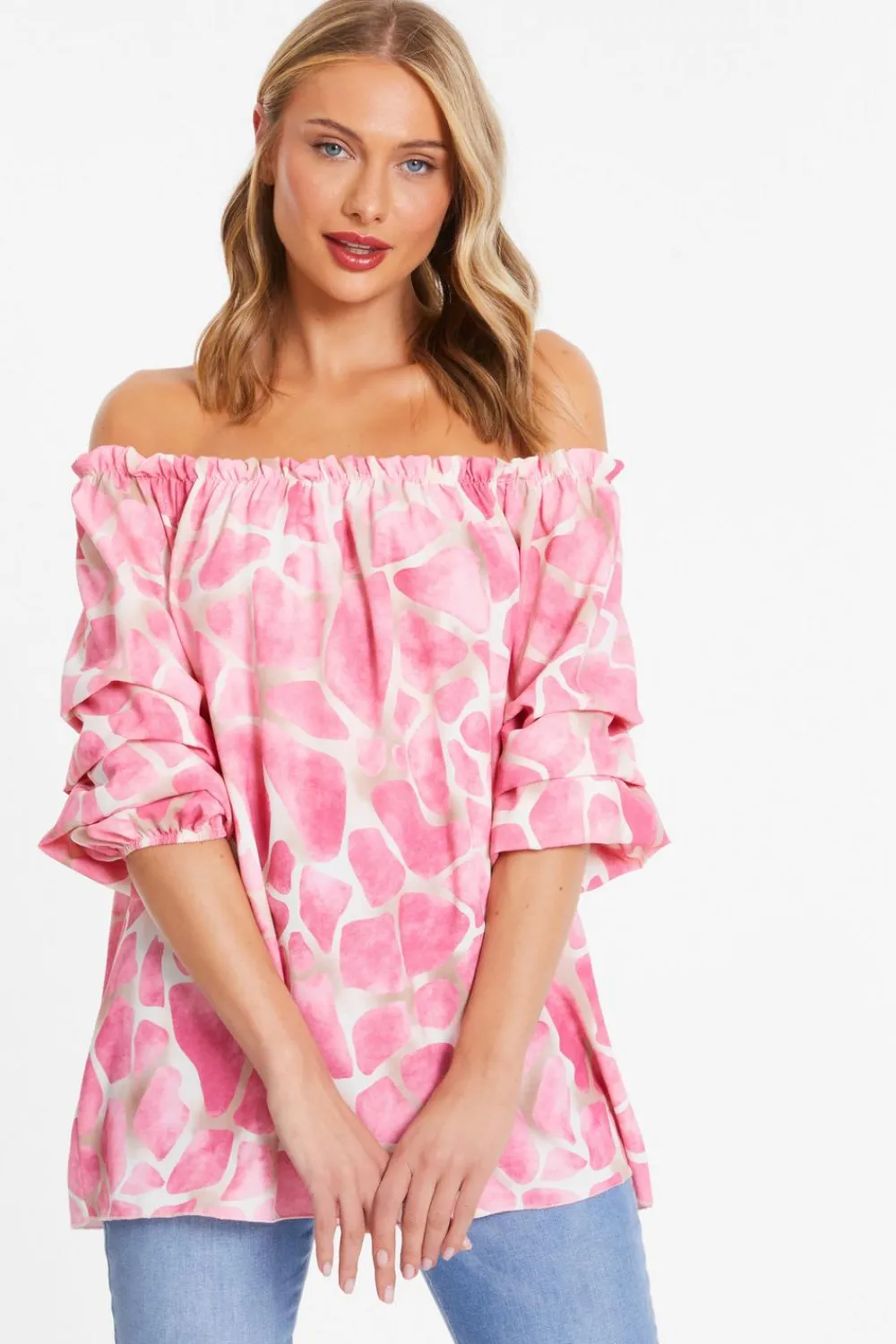 Quiz Shirts & Blouses|Bardot Tops>Pink Giraffe Print Bardot Top