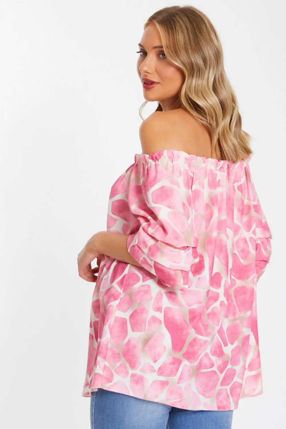 Quiz Shirts & Blouses|Bardot Tops>Pink Giraffe Print Bardot Top