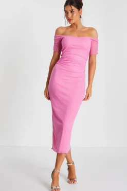 Quiz Summer Clothes|Summer Dresses>Pink Glitter Mesh Bardot Midaxi Dress