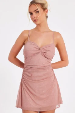 Quiz Going Out|Dresses>Pink Glitter Mesh Mini Dress