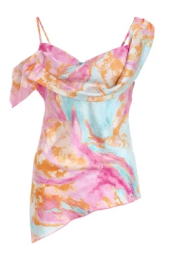 Quiz Going Out Tops|Day Tops>Pink Marble Print Satin Asymmetric Top