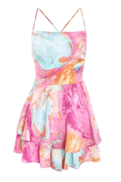 Quiz Playsuits|Playsuits>Pink Marble Print Satin Tiered Playsuit