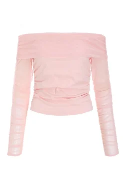Quiz Going Out Tops|Bardot Tops>Pink Mesh Bardot Top