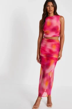 Quiz Crop Tops|Tops>Pink Mesh Ombre Print Crop Top