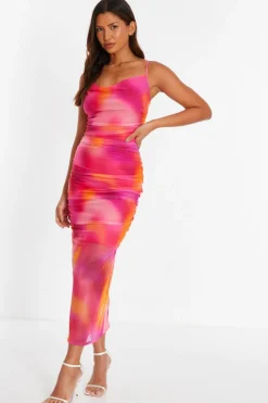 Quiz Holiday|Summer Dresses>Pink Print Mesh Cowl Neck Midaxi Dress