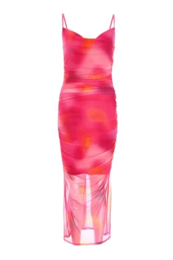 Quiz Holiday|Summer Dresses>Pink Print Mesh Cowl Neck Midaxi Dress