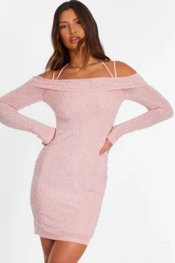 Quiz Pink Dresses|Going Out Dresses>Pink Rhinestone Cold Shoulder Dress