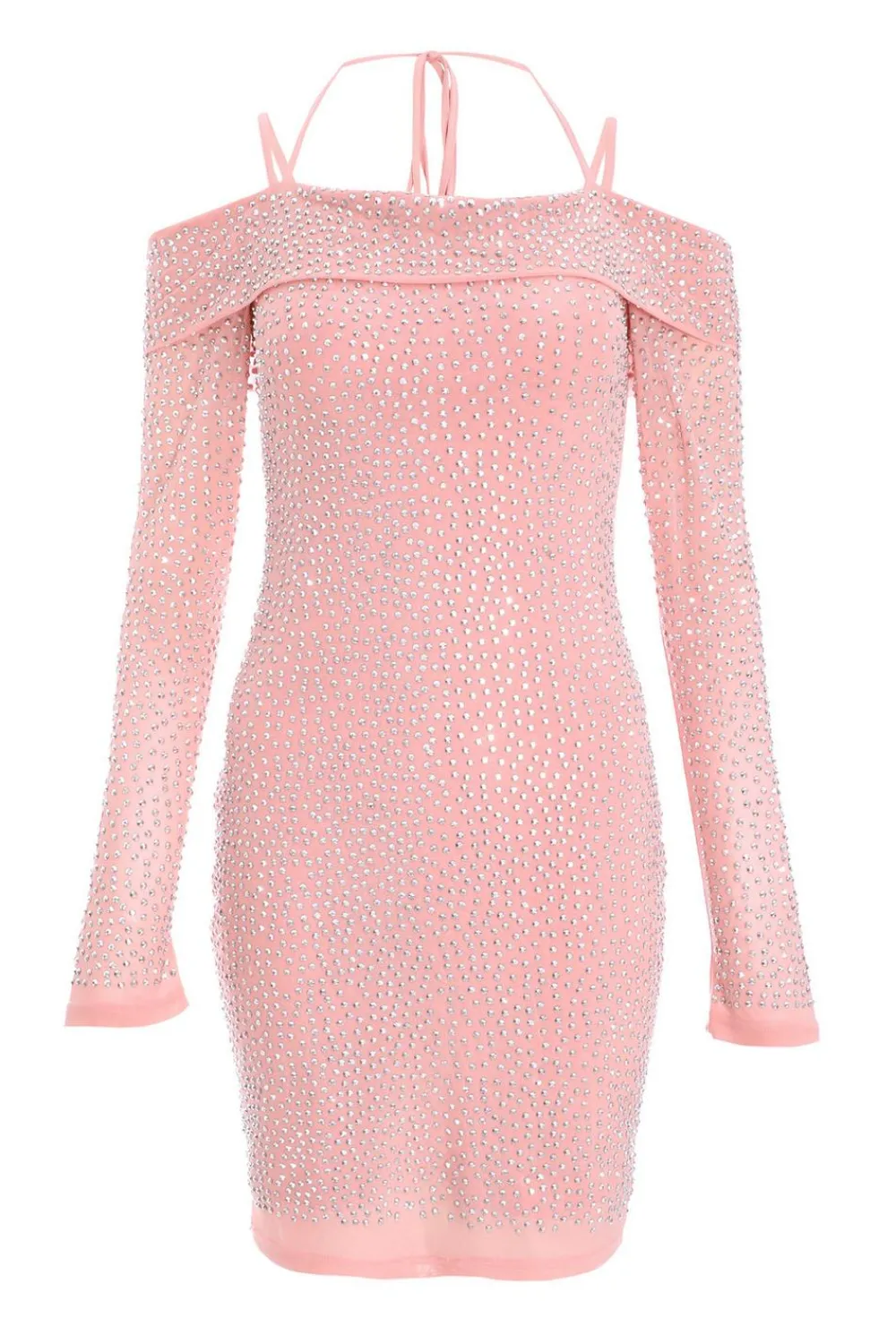 Quiz Pink Dresses|Going Out Dresses>Pink Rhinestone Cold Shoulder Dress