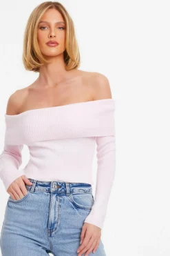 Quiz Bardot Tops|Tops>Pink Ribbed Bardot Jumper