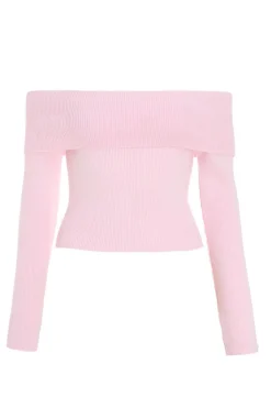 Quiz Bardot Tops|Tops>Pink Ribbed Bardot Jumper