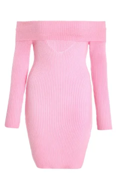 Quiz Knitwear|Pink Dresses>Pink Ribbed Knitted Mini Jumper Dress
