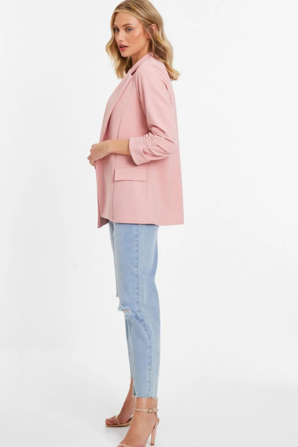 Quiz Workwear|Modest>Pink Ruched Sleeve Blazer