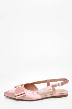 Quiz Pumps|Flats>Pink Satin Bow Slingback Flat Pumps