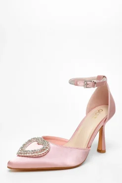 Quiz Prom & Ball|Heels>Pink Satin Diamante Heart Brooch Court Heels
