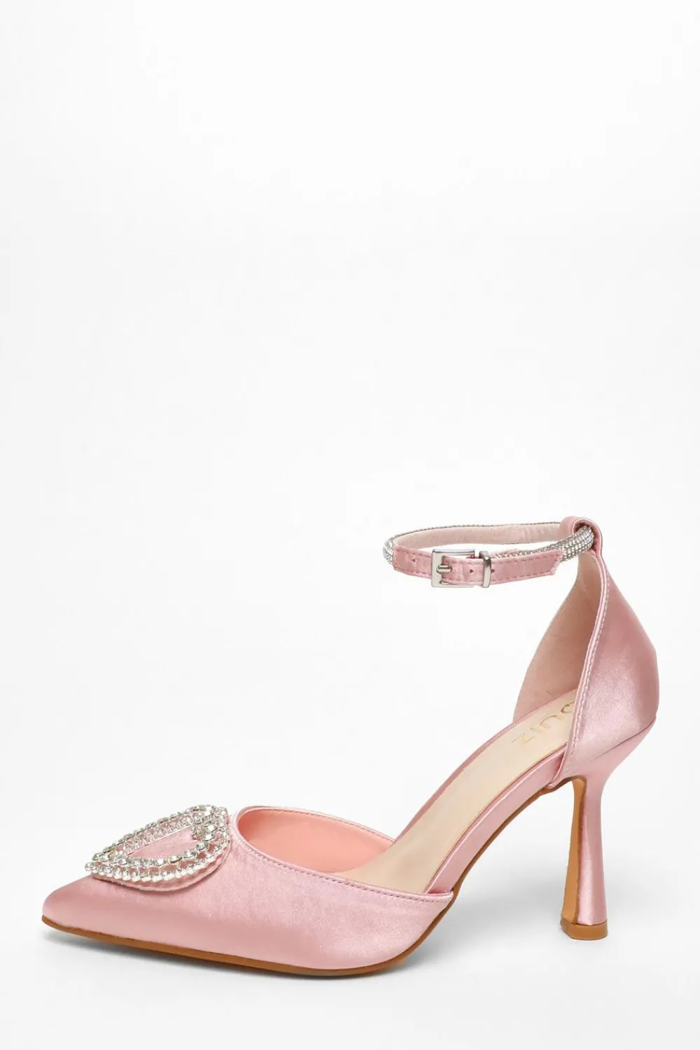 Quiz Prom & Ball|Heels>Pink Satin Diamante Heart Brooch Court Heels