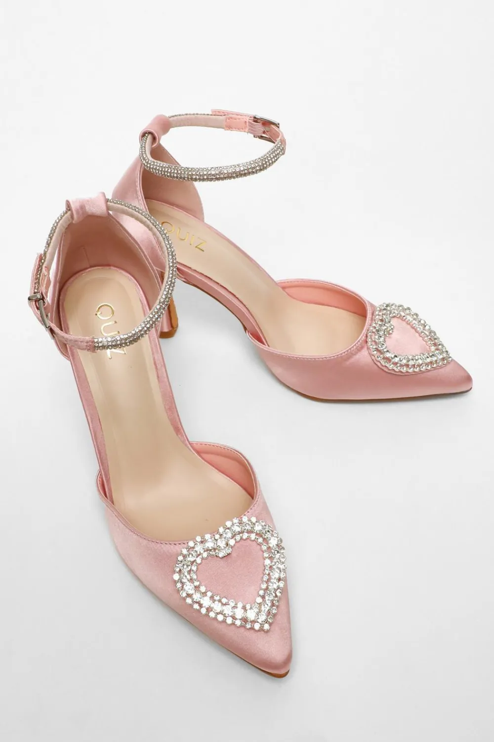 Quiz Prom & Ball|Heels>Pink Satin Diamante Heart Brooch Court Heels