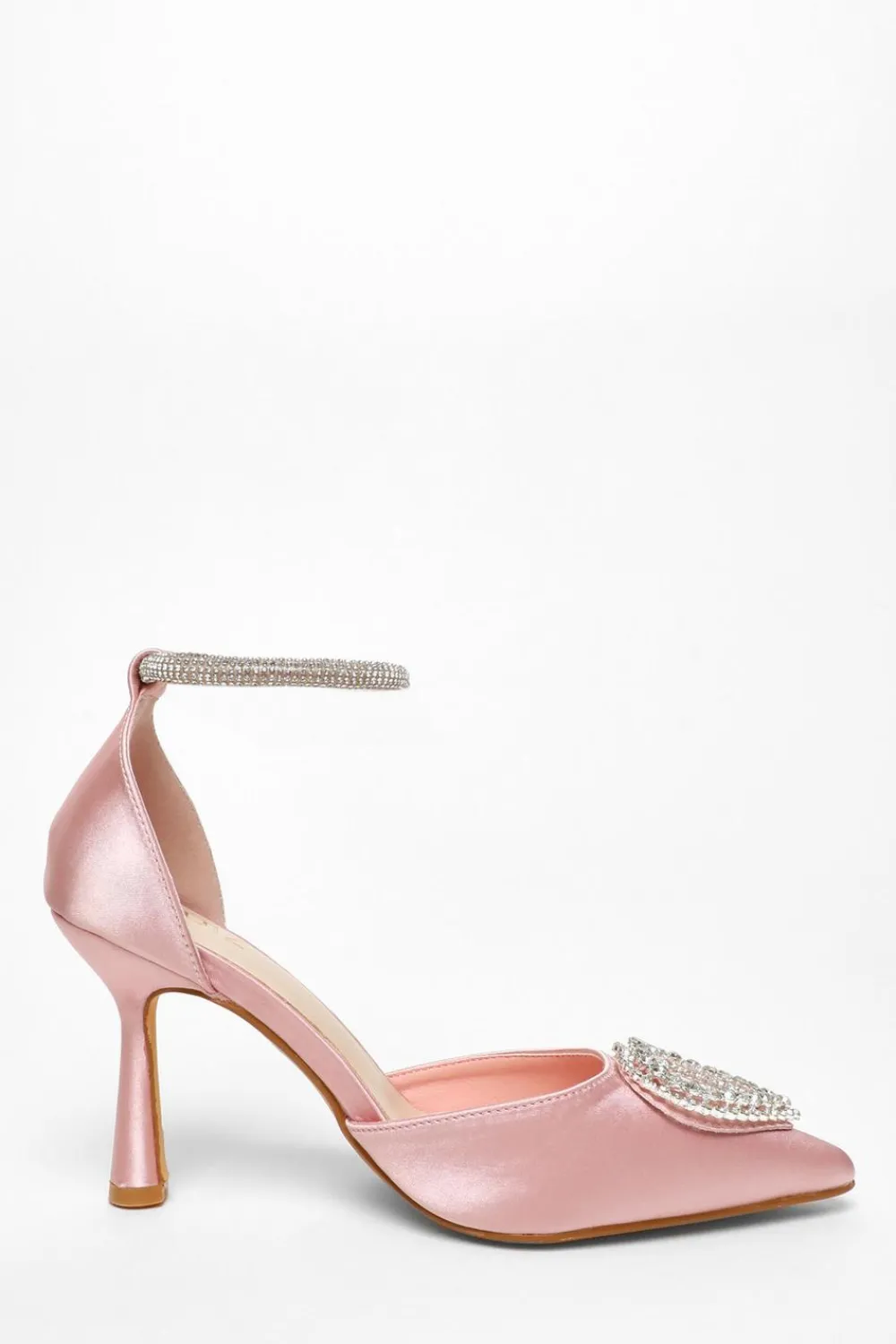 Quiz Prom & Ball|Heels>Pink Satin Diamante Heart Brooch Court Heels